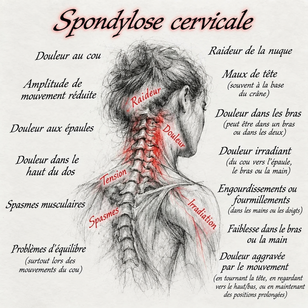 Illustration de la nuque montrant les zones de raideur, de tension et de spasmes