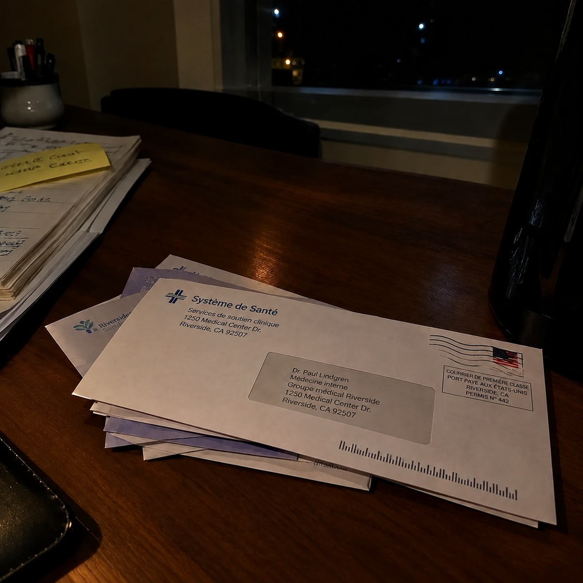 Pile de lettres non ouvertes sur un bureau, la nuit