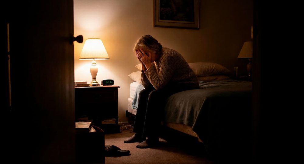 Femme assise au bord de son lit au petit matin, incapable de dormir