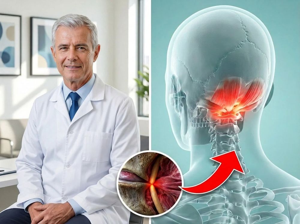 Médecin aux côtés d’une vue anatomique des muscles profonds à la base du crâne