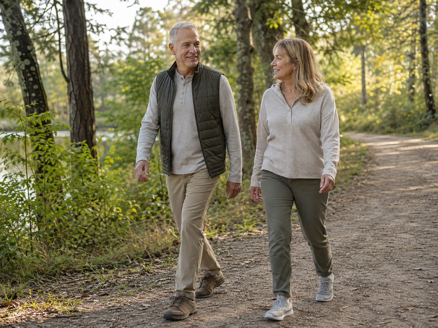 Active mature couple walking outdoors