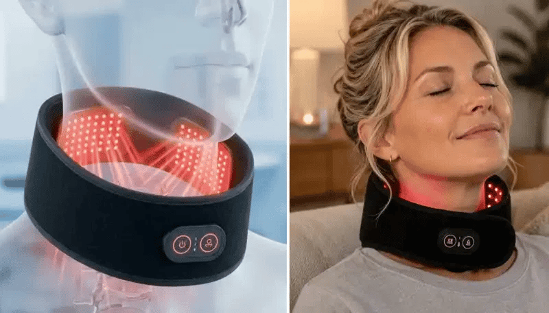 Dispositif cervical utilisé, avec le panneau de lumière rouge contre la base de la nuque